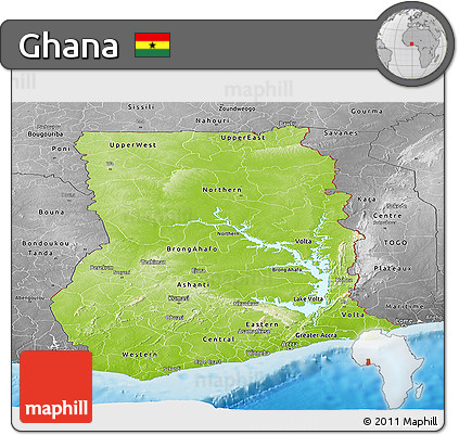Physical Panoramic Map of Ghana, desaturated, land only