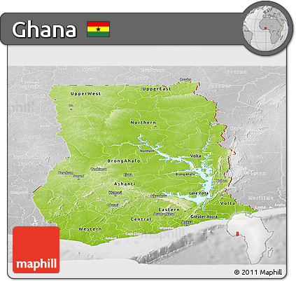 Physical Panoramic Map of Ghana, lighten, desaturated