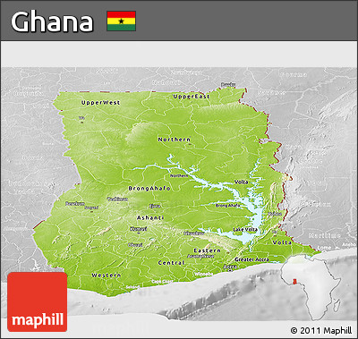 Physical Panoramic Map of Ghana, lighten, desaturated
