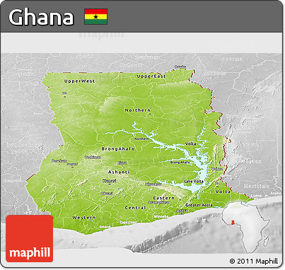 Physical Panoramic Map of Ghana, lighten, desaturated