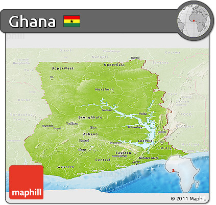 Physical Panoramic Map of Ghana, lighten, land only