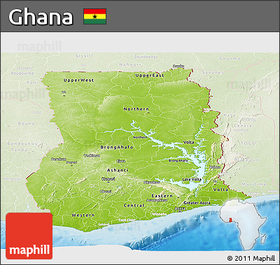 Physical Panoramic Map of Ghana, lighten, land only