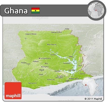 Physical Panoramic Map of Ghana, lighten, semi-desaturated