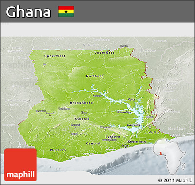 Physical Panoramic Map of Ghana, lighten, semi-desaturated