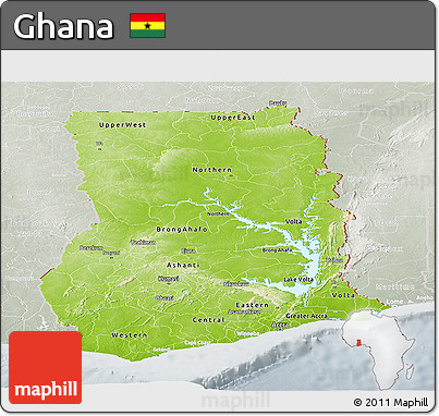 Physical Panoramic Map of Ghana, lighten, semi-desaturated