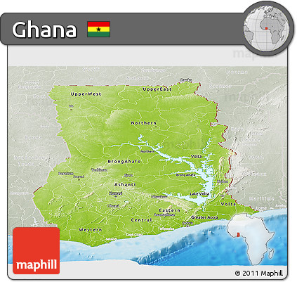 Physical Panoramic Map of Ghana, lighten, semi-desaturated, land only