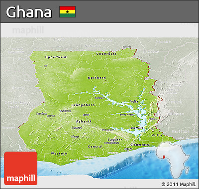 Physical Panoramic Map of Ghana, lighten, semi-desaturated, land only