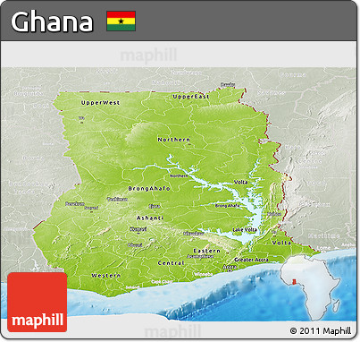 Physical Panoramic Map of Ghana, lighten, semi-desaturated, land only