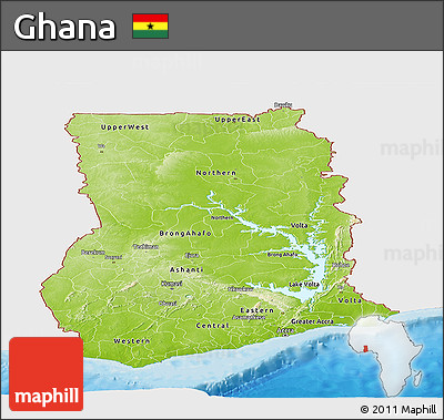 Physical Panoramic Map of Ghana, single color outside, bathymetry sea, shaded relief sea
