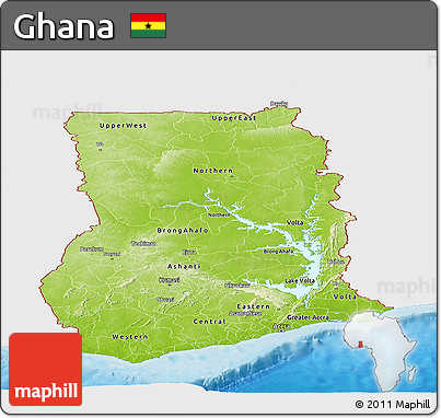 Physical Panoramic Map of Ghana, single color outside, bathymetry sea, shaded relief sea