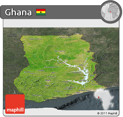 Satellite Panoramic Map of Ghana, darken, semi-desaturated