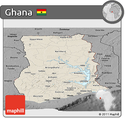 Shaded Relief Panoramic Map of Ghana, darken, desaturated