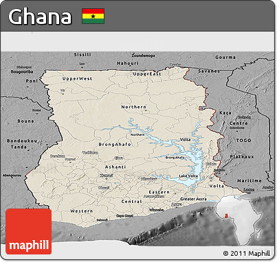 Shaded Relief Panoramic Map of Ghana, darken, desaturated
