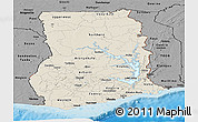 Shaded Relief Panoramic Map of Ghana, darken, desaturated, land only
