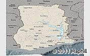 Shaded Relief Panoramic Map of Ghana, darken, semi-desaturated