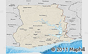 Shaded Relief Panoramic Map of Ghana, desaturated, land only