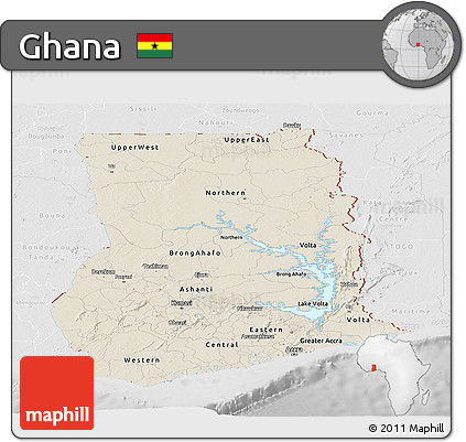 Shaded Relief Panoramic Map of Ghana, lighten, desaturated