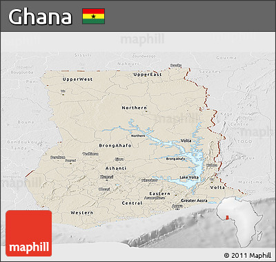 Shaded Relief Panoramic Map of Ghana, lighten, desaturated