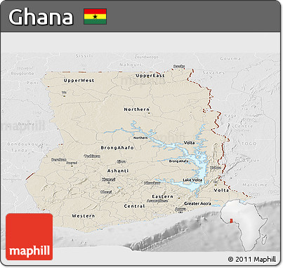 Shaded Relief Panoramic Map of Ghana, lighten, desaturated