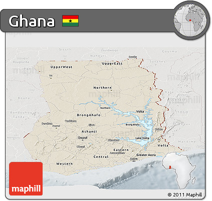 Shaded Relief Panoramic Map of Ghana, lighten, semi-desaturated