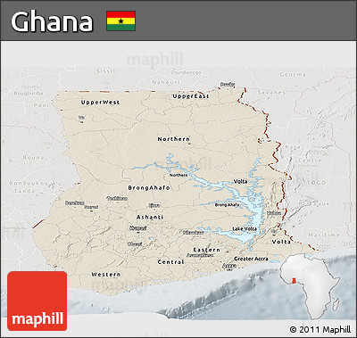 Shaded Relief Panoramic Map of Ghana, lighten, semi-desaturated
