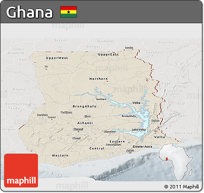 Shaded Relief Panoramic Map of Ghana, lighten, semi-desaturated