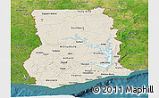 Shaded Relief Panoramic Map of Ghana, satellite outside