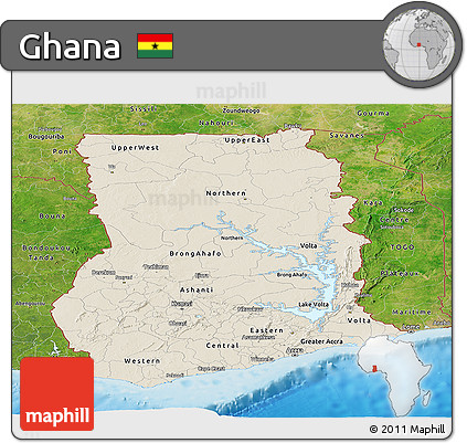 Shaded Relief Panoramic Map of Ghana, satellite outside, shaded relief sea