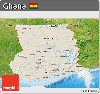 Shaded Relief Panoramic Map of Ghana, satellite outside, shaded relief sea