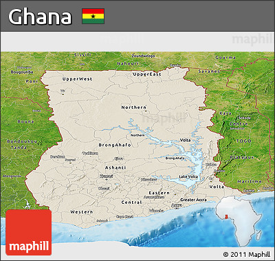 Shaded Relief Panoramic Map of Ghana, satellite outside, shaded relief sea