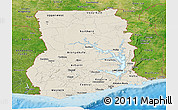 Shaded Relief Panoramic Map of Ghana, satellite outside, shaded relief sea