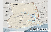 Shaded Relief Panoramic Map of Ghana, semi-desaturated