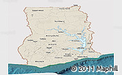 Shaded Relief Panoramic Map of Ghana, single color outside, satellite sea
