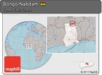 Gray Location Map of Bongo-Nabdam, highlighted country, highlighted parent region, within the entire country, hill shading