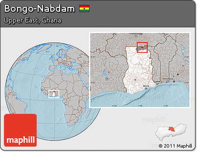 Gray Location Map of Bongo-Nabdam, highlighted country, highlighted parent region, within the entire country, hill shading