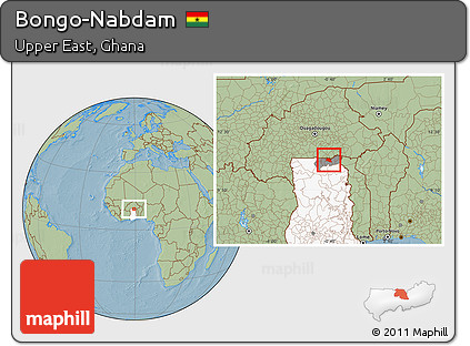Savanna Style Location Map of Bongo-Nabdam, highlighted country, highlighted parent region, hill shading