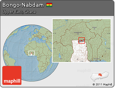 Savanna Style Location Map of Bongo-Nabdam, highlighted country, highlighted parent region, hill shading