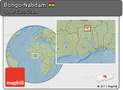 Savanna Style Location Map of Bongo-Nabdam, highlighted parent region, within the entire country, hill shading