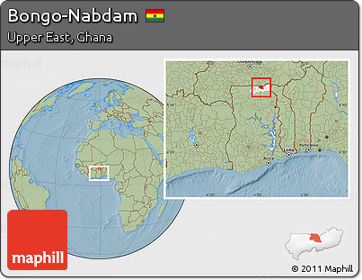 Savanna Style Location Map of Bongo-Nabdam, highlighted parent region, within the entire country, hill shading