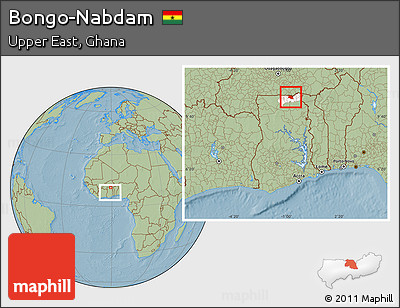 Savanna Style Location Map of Bongo-Nabdam, highlighted parent region, within the entire country, hill shading