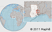 Gray Location Map of Akan Wawa, highlighted country, highlighted parent region, hill shading