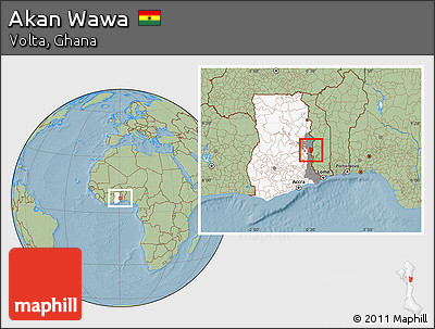 Savanna Style Location Map of Akan Wawa, highlighted country, highlighted parent region, hill shading