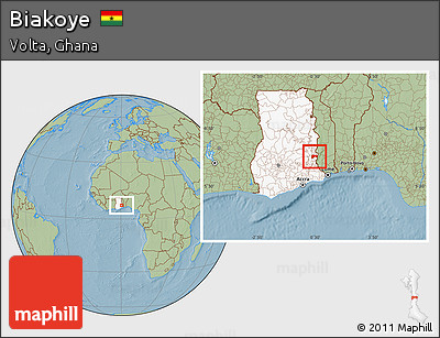 Savanna Style Location Map of Biakoye, highlighted country, hill shading