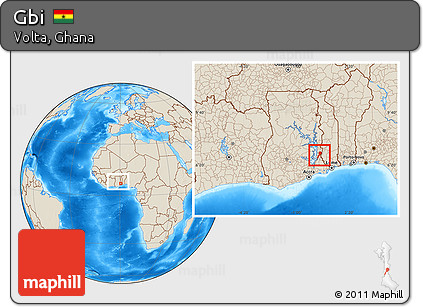 Shaded Relief Location Map of Gbi, within the entire country