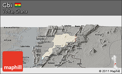 Shaded Relief Panoramic Map of Gbi, darken, semi-desaturated