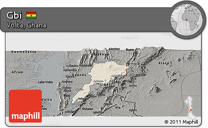 Shaded Relief Panoramic Map of Gbi, darken, semi-desaturated