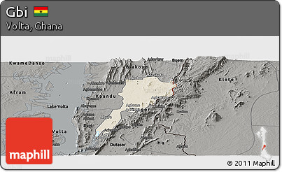 Shaded Relief Panoramic Map of Gbi, darken, semi-desaturated