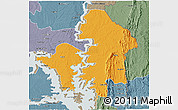 Political 3D Map of Kete-Krachi, semi-desaturated
