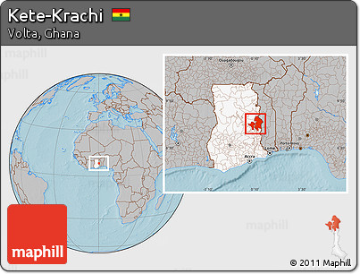 Gray Location Map of Kete-Krachi, highlighted country, hill shading