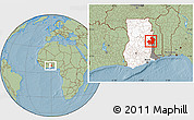 Savanna Style Location Map of Kete-Krachi, highlighted country, highlighted parent region, within the entire country, hill shading